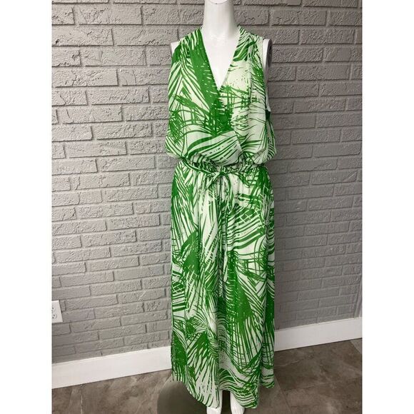 Dressbarn Women Green Palm Print Blouson Surplice Neck Maxi Dress Size 14 - Picture 1 of 12